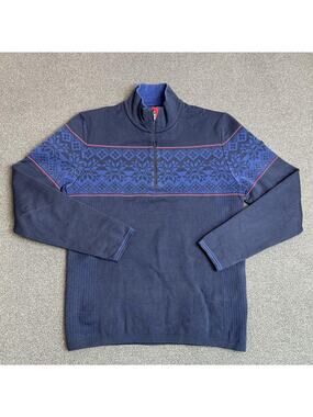 Newland Sweater Mens Medium Blue 1/4 Zip Mock Neck Pullover Fair Isle Ski Knit